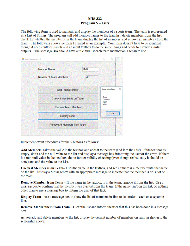 MIS 322 Program 5- Lists The following form is used to
