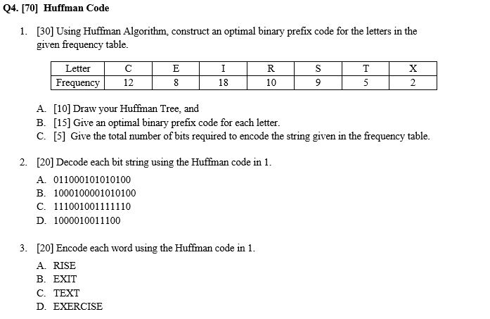 Q4. [70] Huffman Code 1. [30] Using Huffman Algorithm, construct an