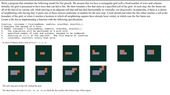  Write a program that simulates the following model for fire growth.