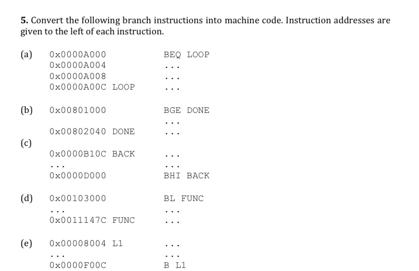  Convert the following branch instructions into machine code. Instruction addresses are