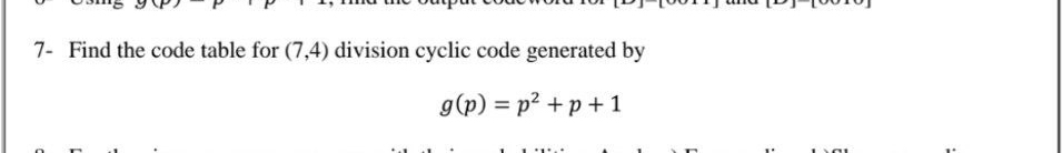  7- Find the code table for (7,4) division cyclic code generated