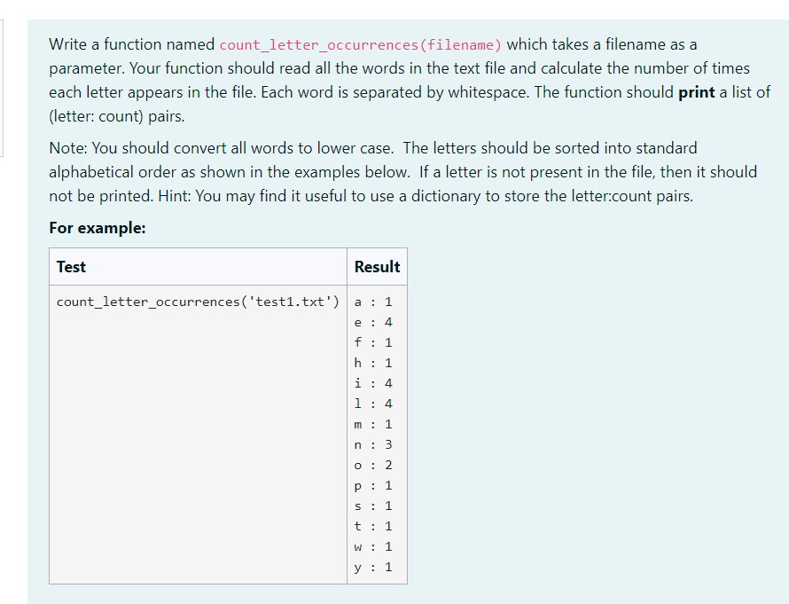  plz select python Write a function named count_letter_occurrences (filename) which takes