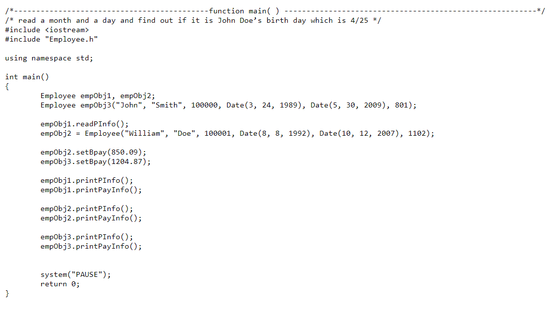 the definition of the class named Employee with the following private data