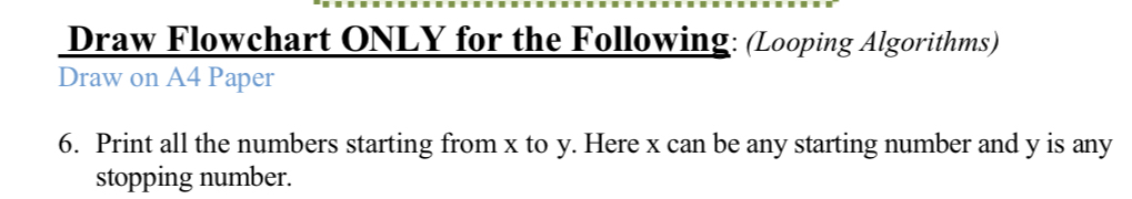  Draw Flowchart ONLY for the Following: (Looping Algorithms) Draw on A4