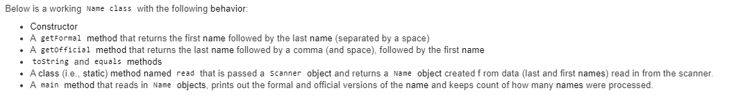 Please code the following in java according to the specifications: Below is