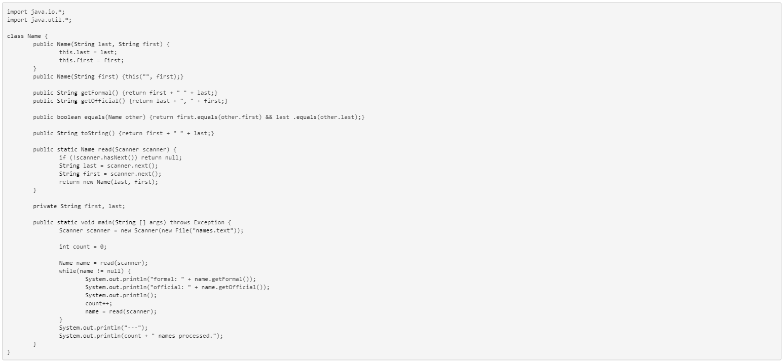 a working Name class with the following behavior: Constructor A getFormal method