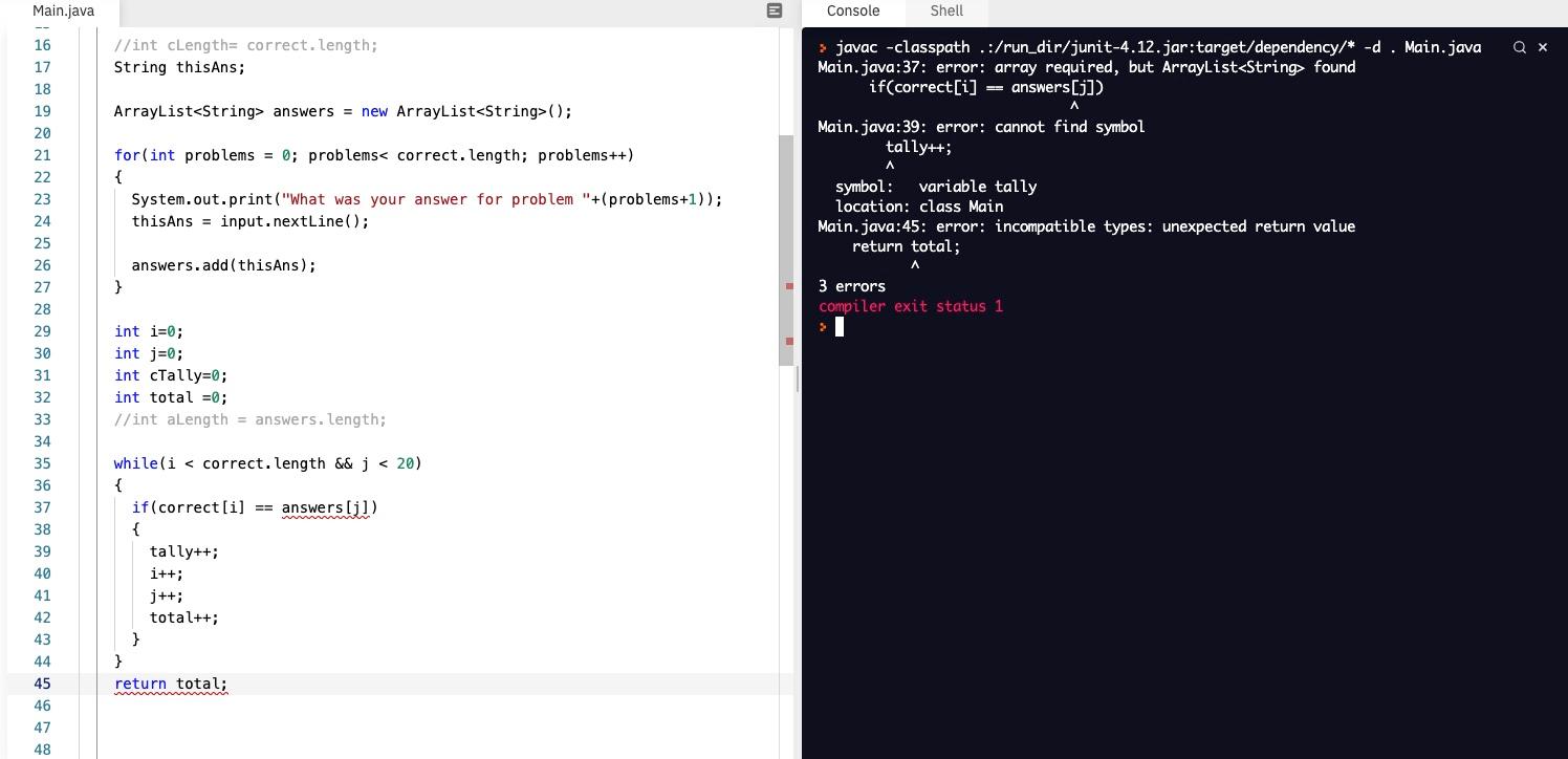  Main.java E Console Shell //int cLength= correct.length; String thisAns; > javac