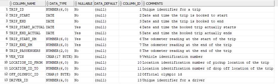  trip_start_actual and trip_end_actual format. USING SQL: COLUMN_NAME DATA_TYPE NULLABLE DATA_DEFAULT 1