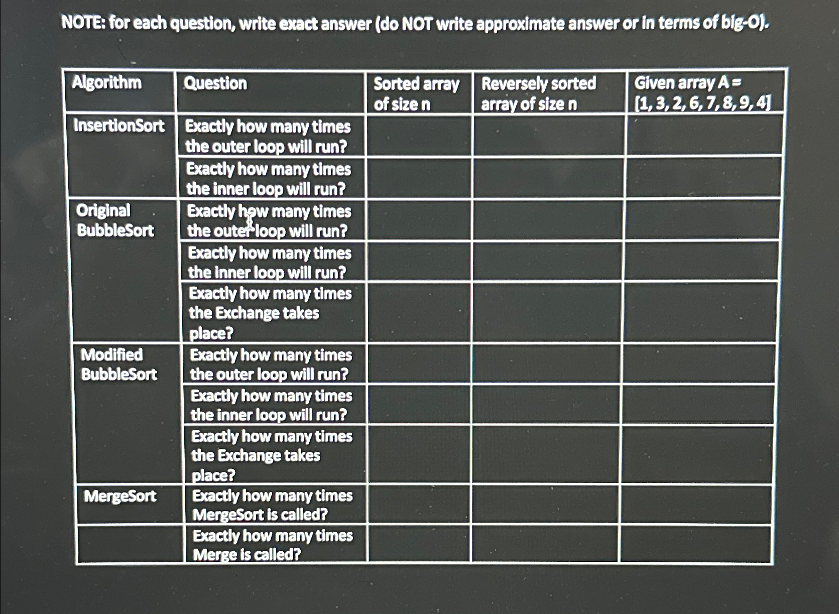  NOTE: for each question, write exact answer (do NOT write approximate