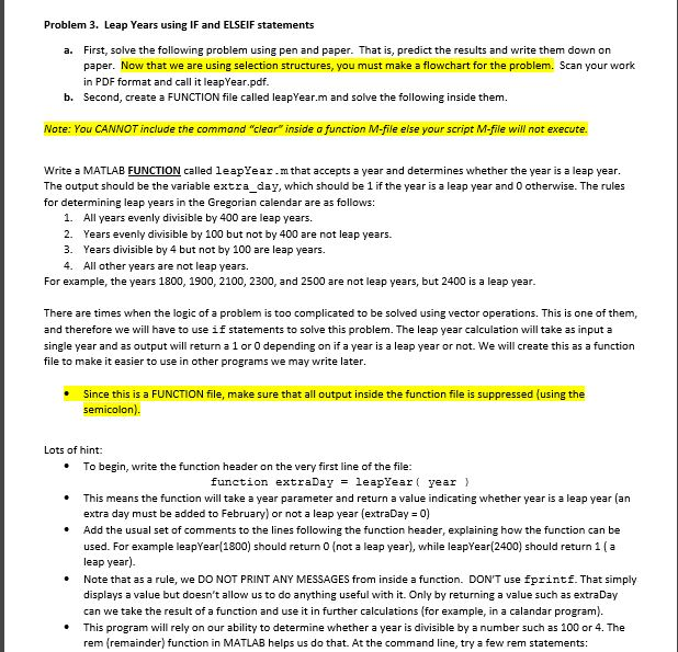  Problem 3. Leap Years using IF and ELSEIF statements First, solve