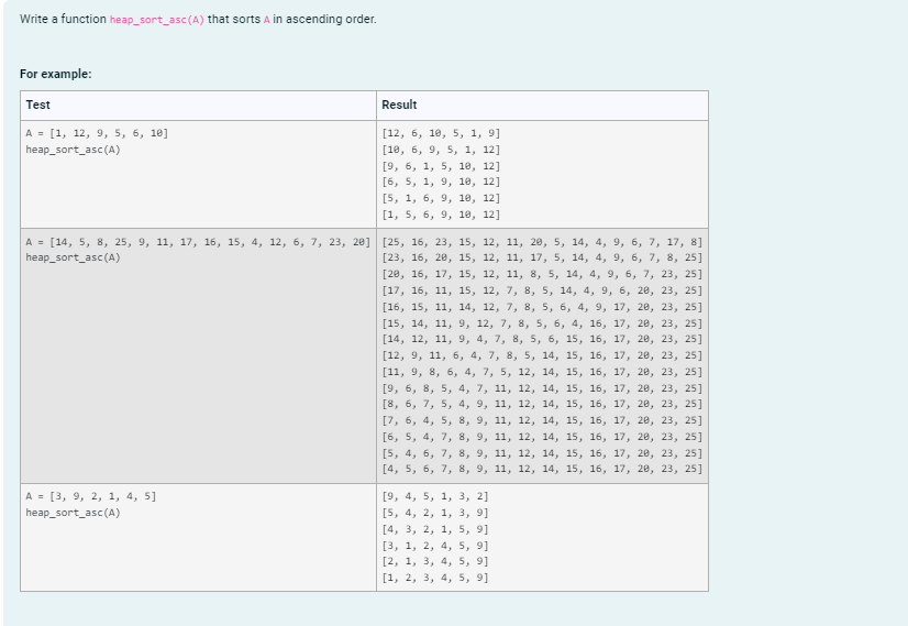 Write a function heap_sort_asc(A) that sorts A in ascending order. and