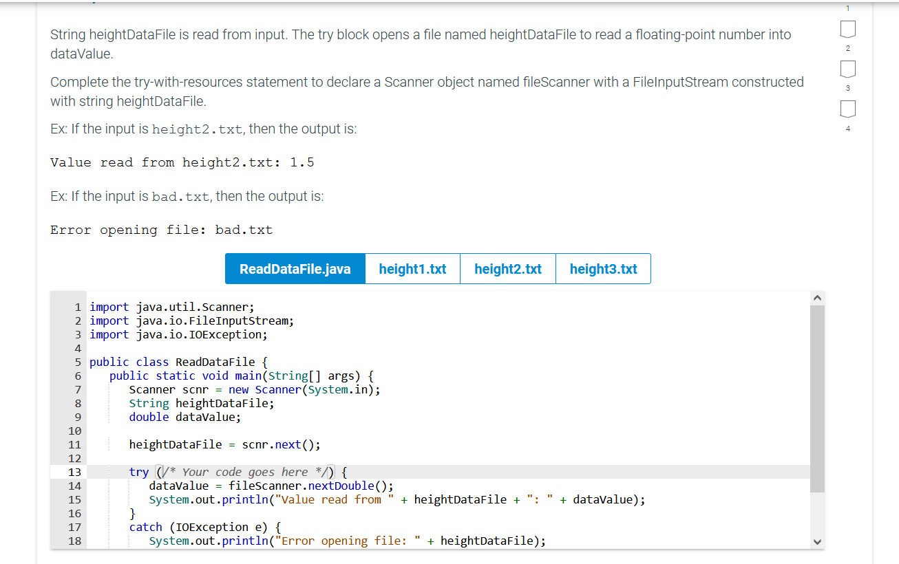  String heightDataFile is read from input. The try block opens a