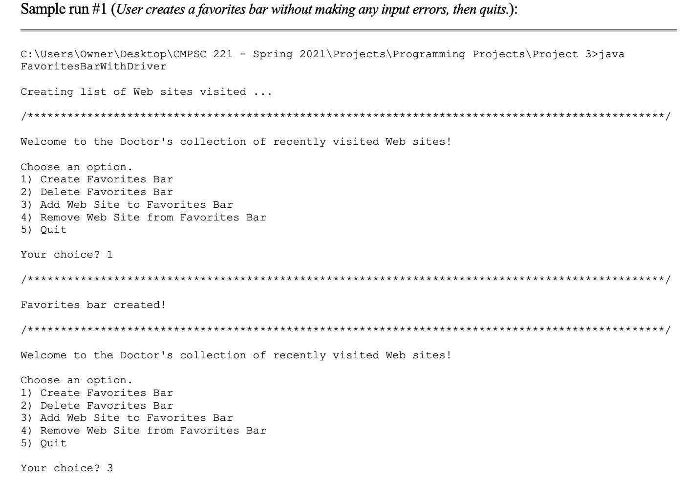 The program begins by creating a collection of previously visited Web sites