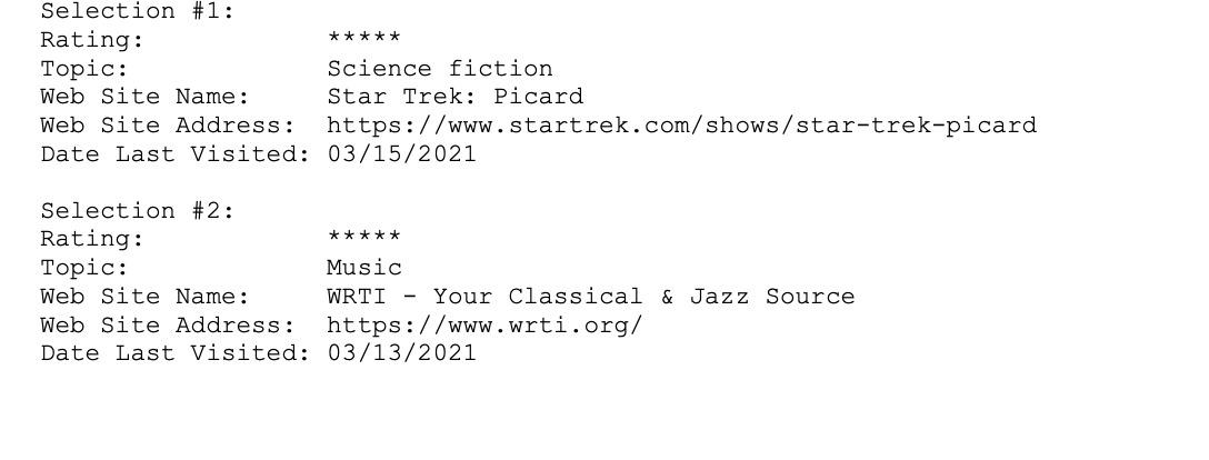 sites, the program welcomes the user, then provides him/her with a menu