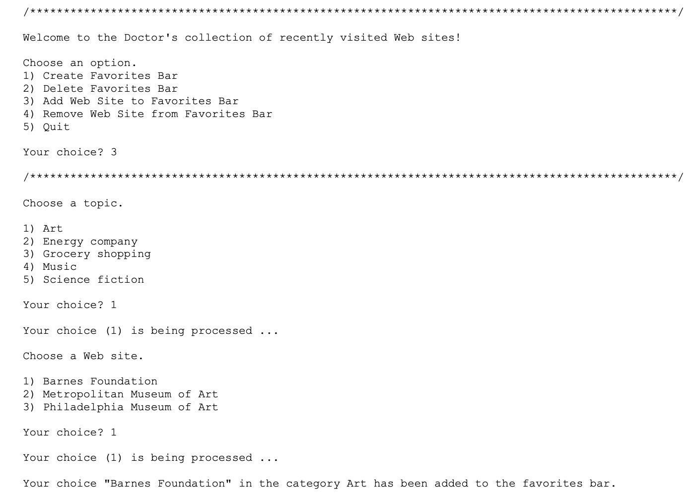 of options for creating or deleting a favorites bar, adding a Web