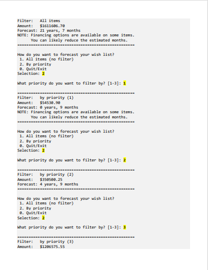 Display a menu with three (3) options: 1. All items (no filter)