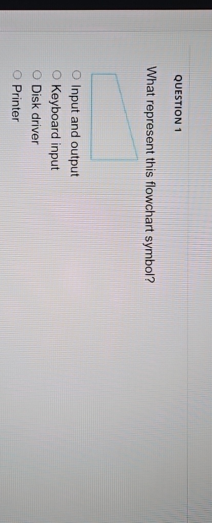  QUESTION 1 What represent this flowchart symbol? Input and output Keyboard