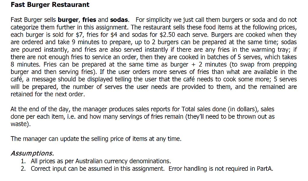 Fast Burger Restaurant (Write a JAVA program) Fast Burger sells burger, fries