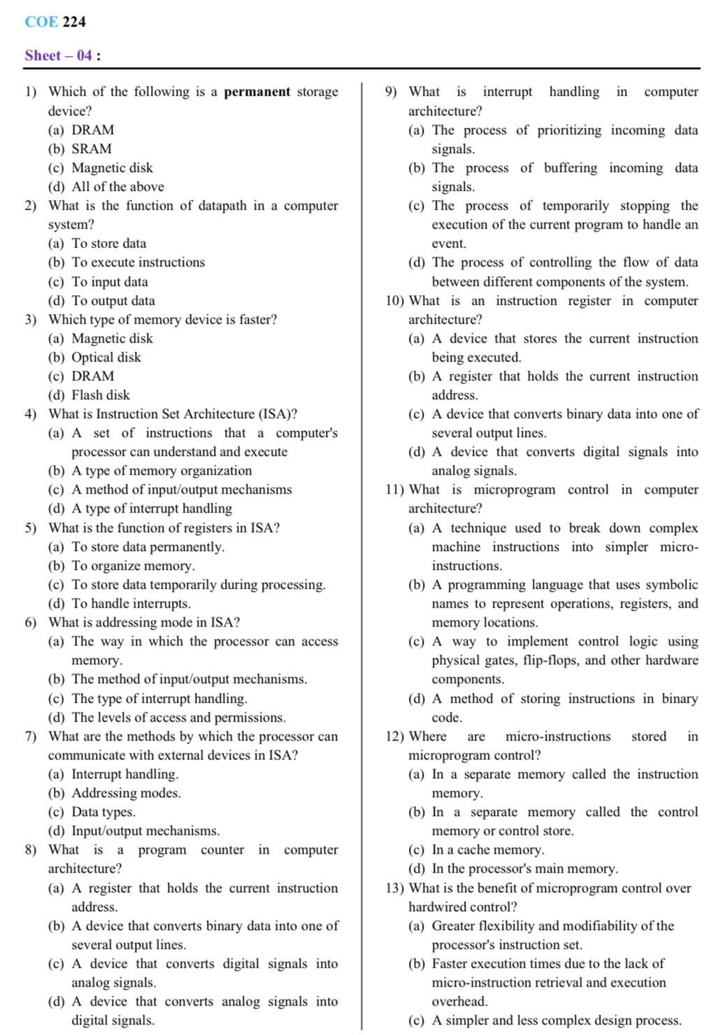  COE 224 Sheet -04 : Which of the following is a