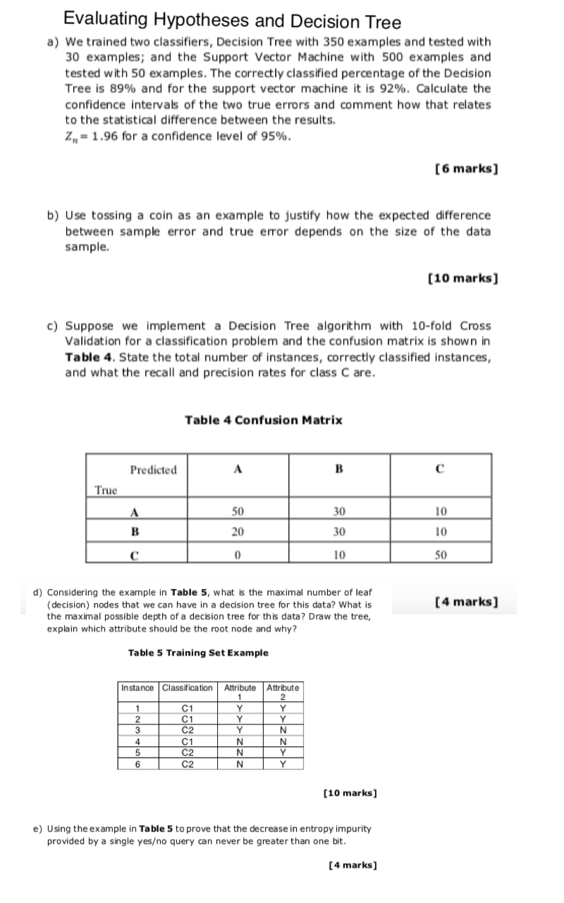  Evaluating Hypotheses and Decision Tree a) We trained two classifiers, Decision