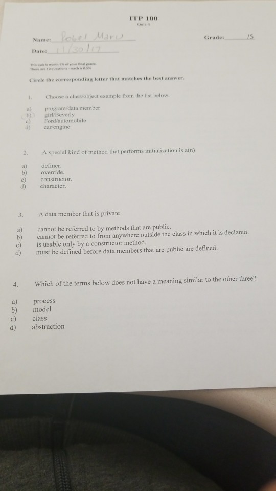 multiple question ITP 100 Grades 15 Name: Date There are 10 questions