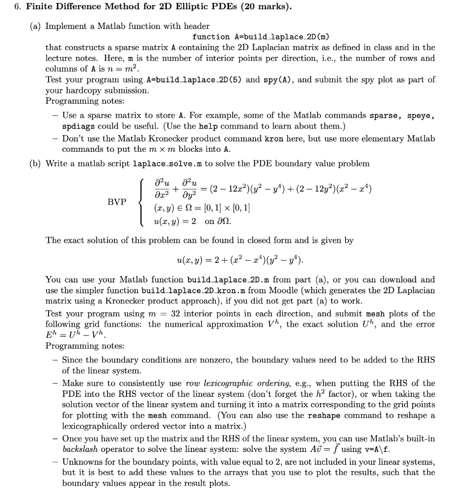 6. Finite Difference Method for 2D Elliptic PDEs (20 marks). (a)