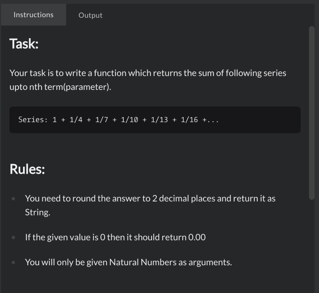 What is wrong with my code?? #include std::string seriesSum(int n) { double