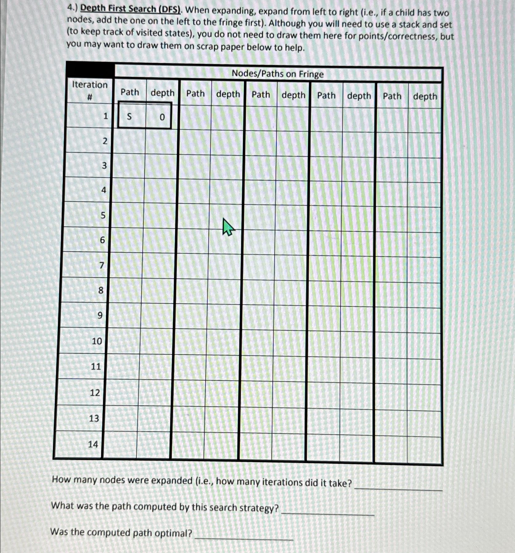  4.) Depth First Search (DFS). When expanding, expand from left to