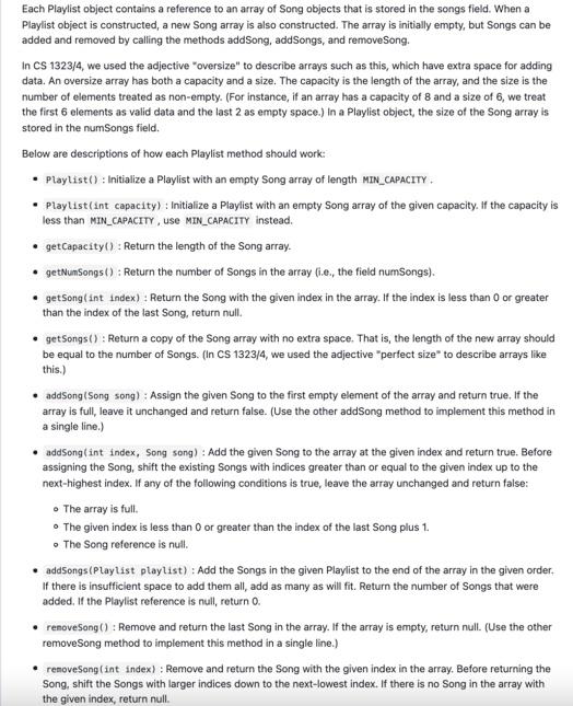 Create a Playlist class to satisfy all the descriptions JAVA Each Playlist