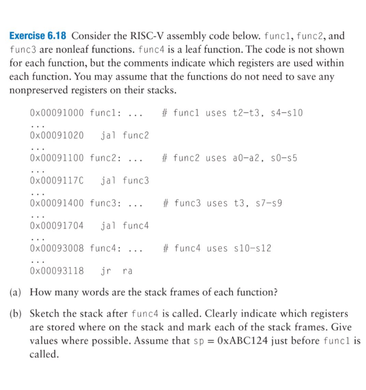  Exercise 6.18 Consider the RISC-V assembly code below. func1, func2, and