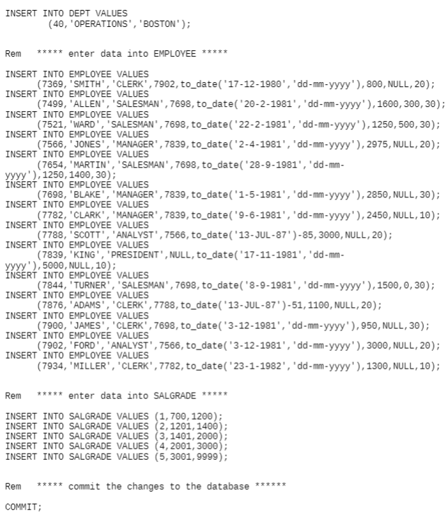 create table EMP ******* CREATE TABLE EMPLOYEE (EMPNO NUMBER(4) NOT NULL, ENAME