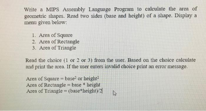  Write a MIPS Assembly Language Program to calculate the area of