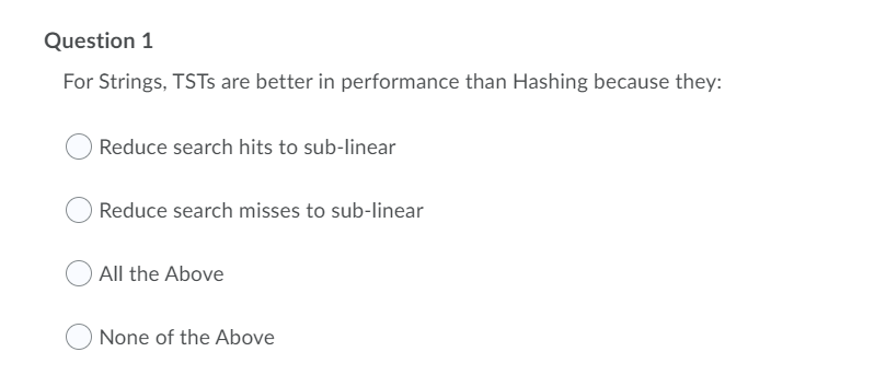 Question 1 For Strings, TSTs are better in performance than Hashing