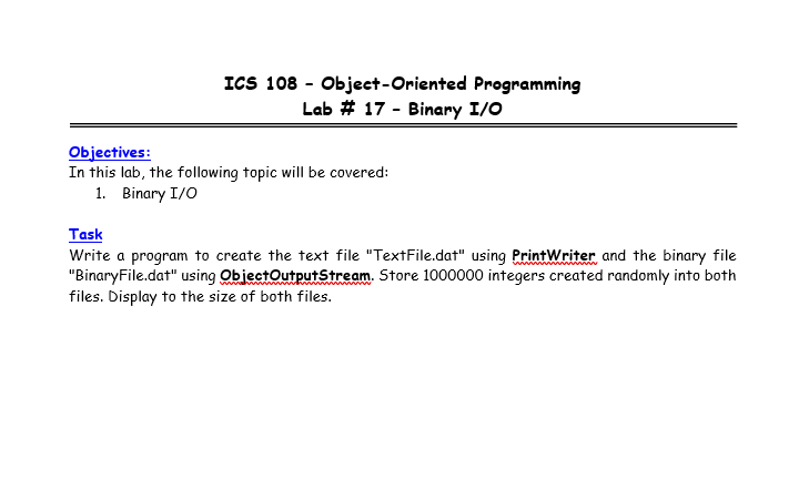  Using java ICS 108 - Object-Oriented Programming Lab # 17 -
