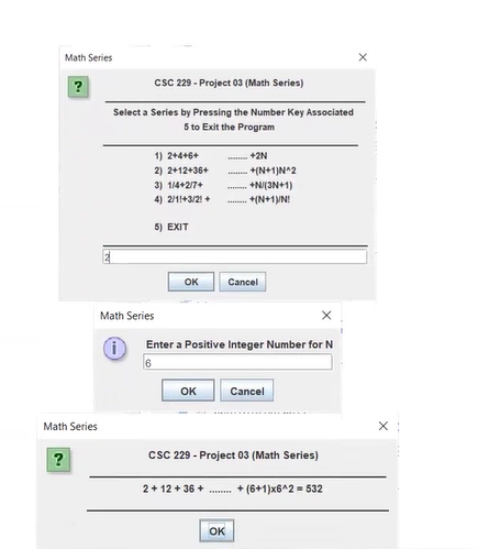Mathematical series using an interactive menu. You should display a menu with