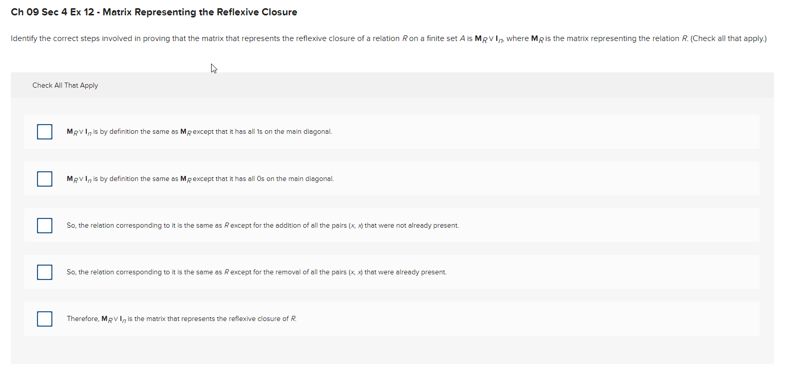 Ch 09 Sec 4 Ex 12- Matrix Representing the Reflexive Closure