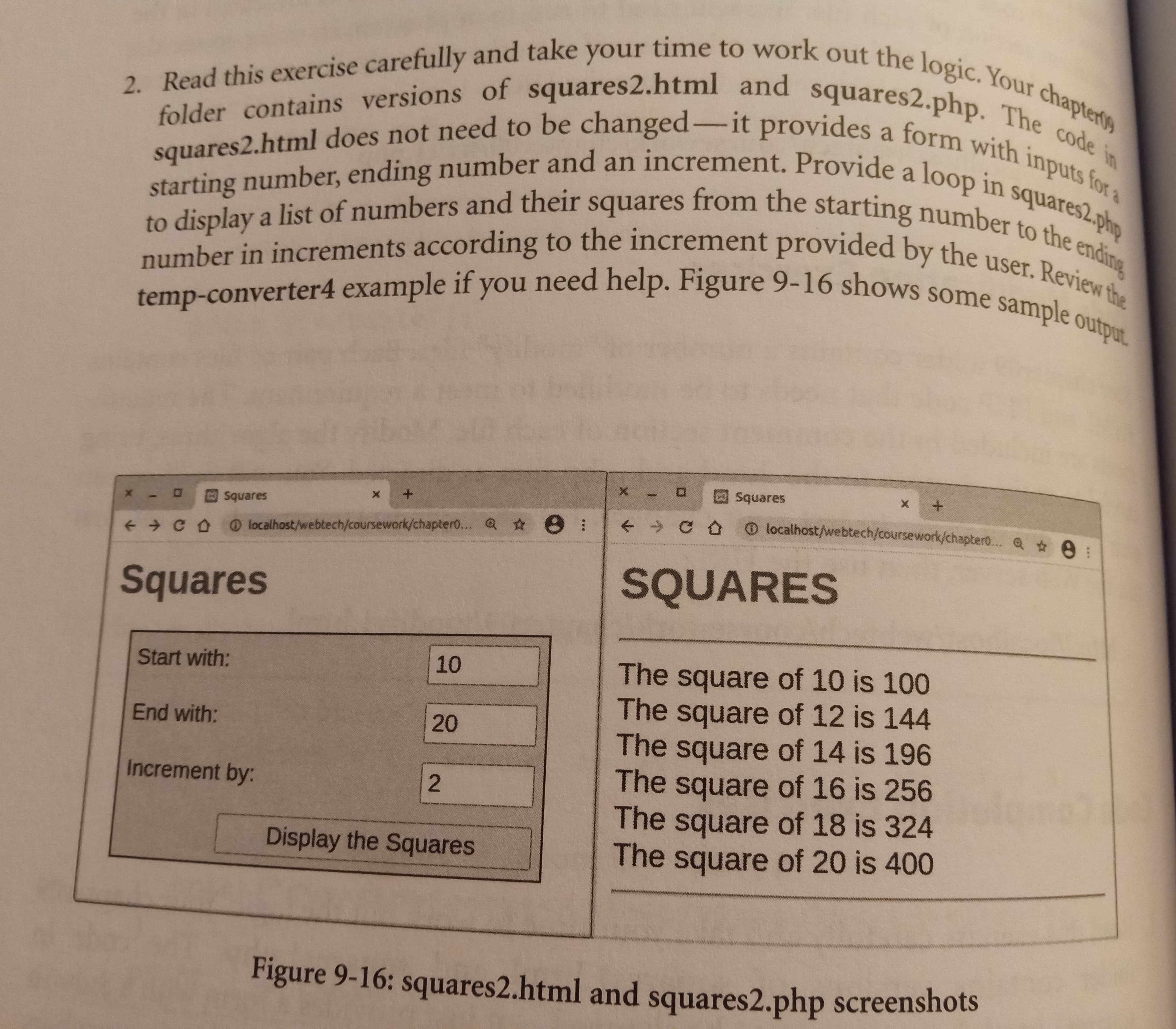  Provide a loop in squares2.php to display a list of numbers