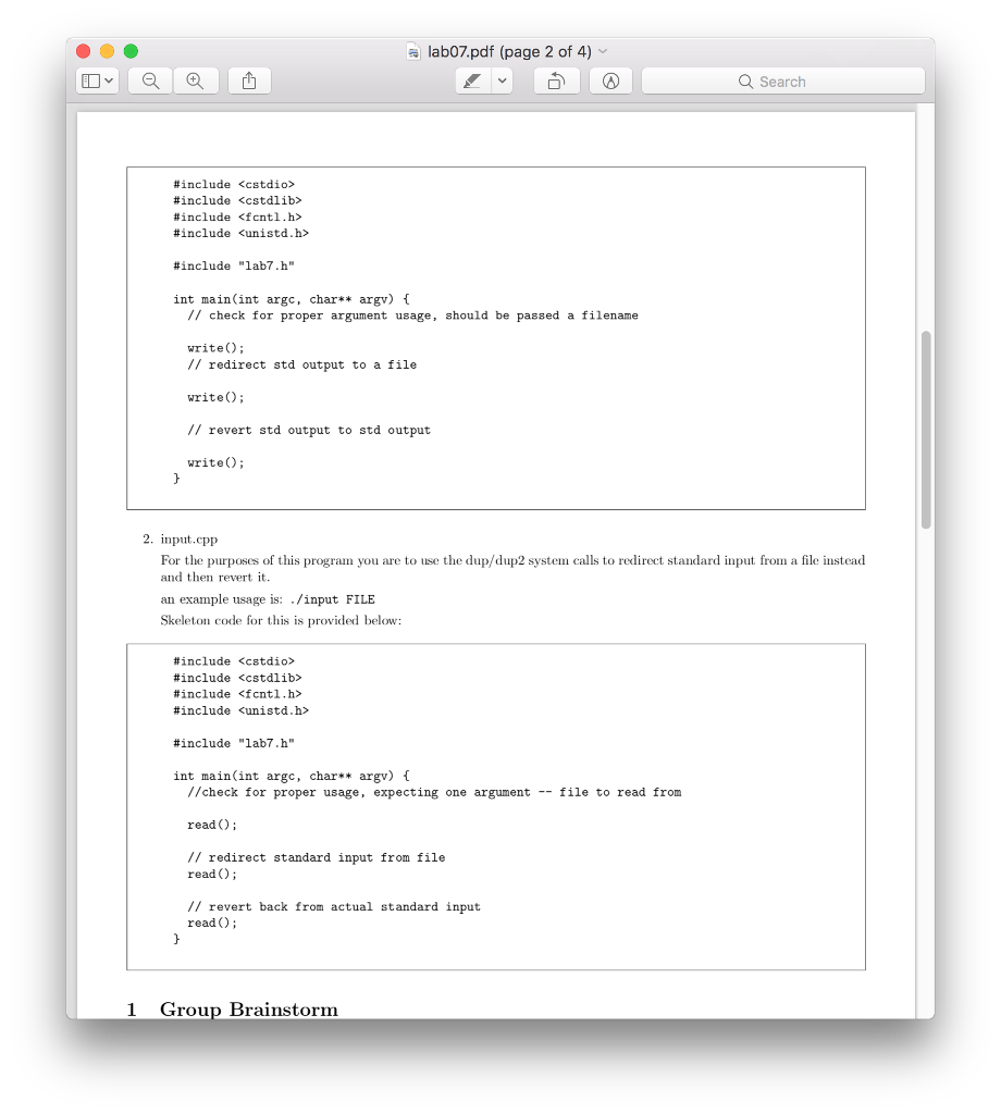 that the input and output.cpp files must use dup/dup2 calls. lab07.pdf (page