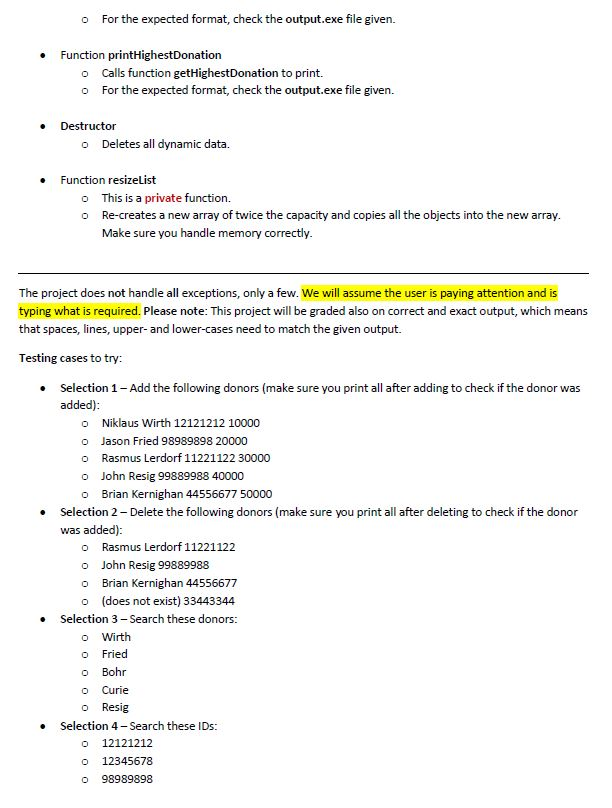 the DonorList.CPP file and DonorList.H file ONLY. Please help. I have attached