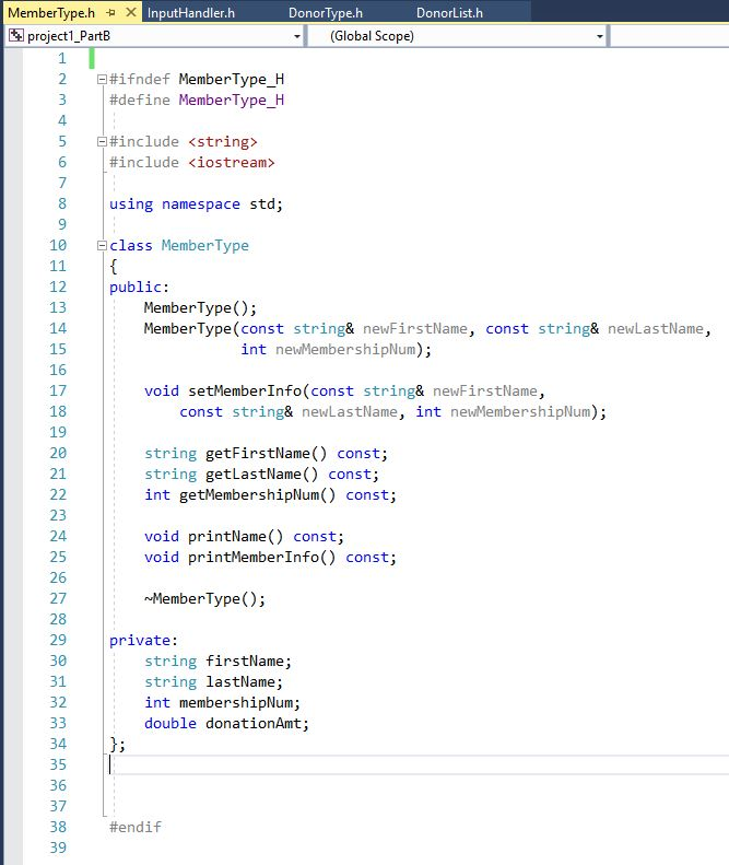 part B: . DonorList.h The class DonorList has three (3) member variables: