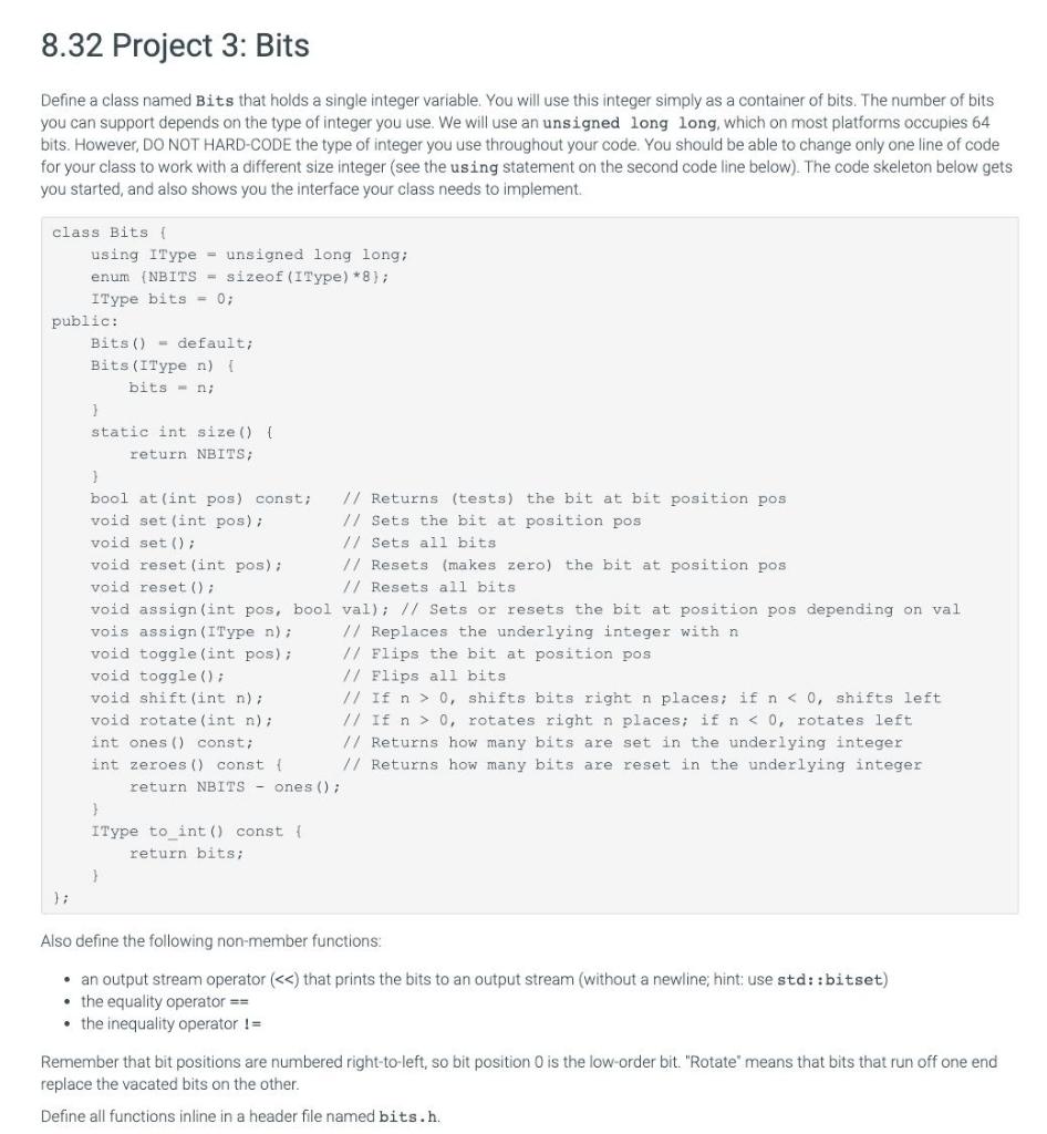  8.32 Project 3: Bits Define a class named Bits that holds