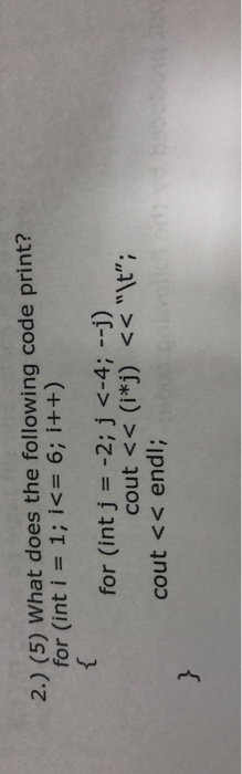  2.) (5) What does the following code print? for (int i