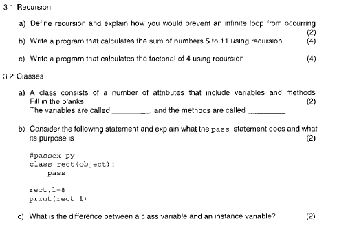  3 1 Recursion a) Define recursion and explain how you would