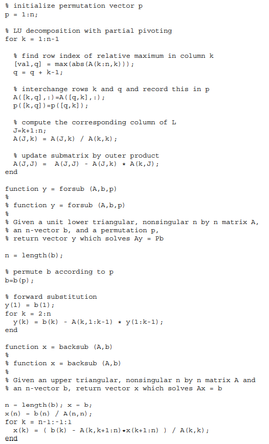 = ainvb (A,b) solve Ax = b [p, LU] plu (A); y