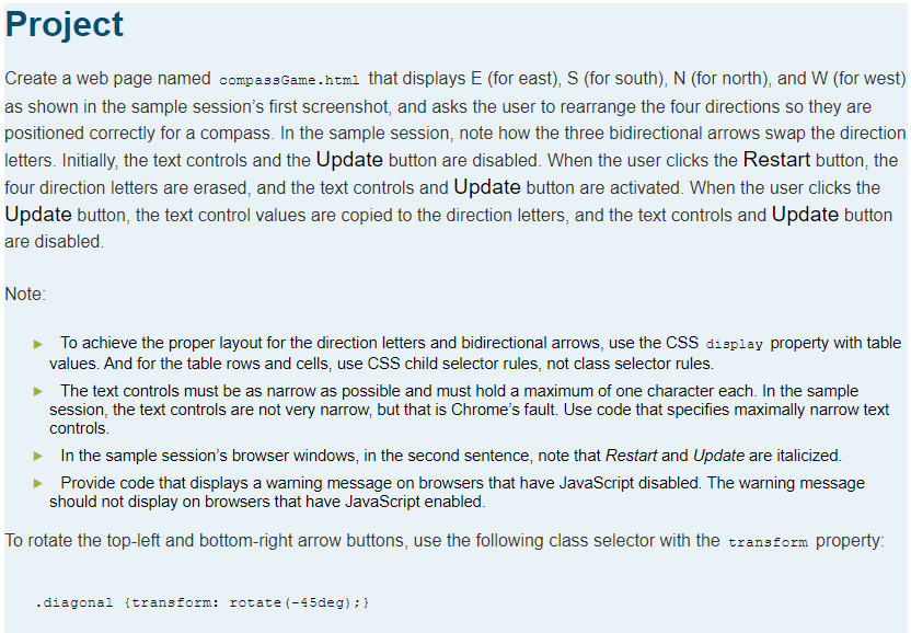 Create a web page named compassGame.html that displays E (for east), S