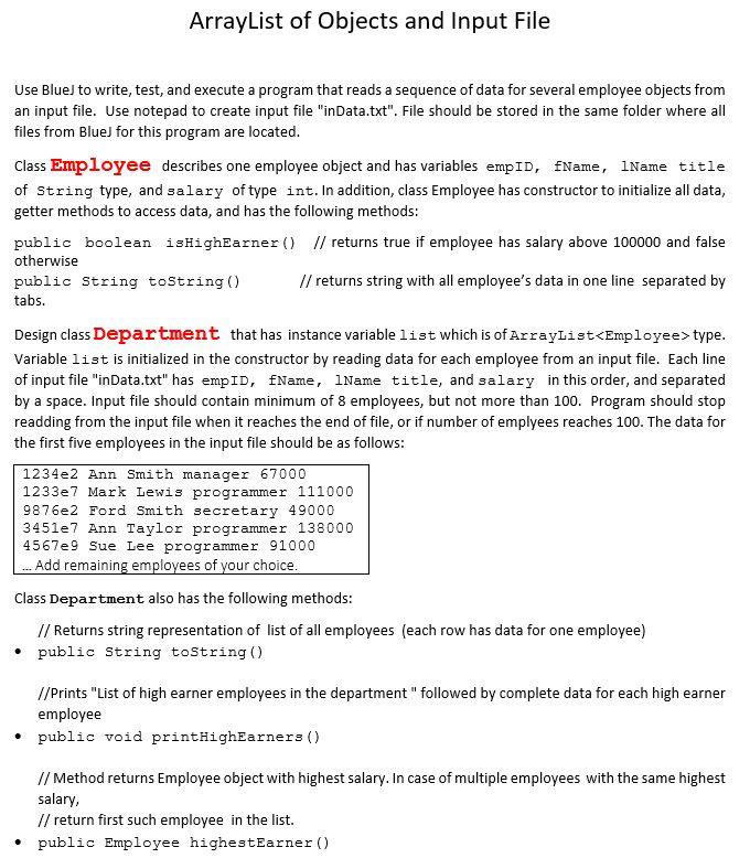  ArrayList of Objects and Input File Use Bluel to write, test,