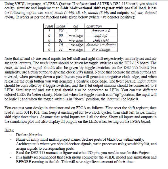  Using VHDL language, ALTERA Quartus II software and ALTERA DE2-115 board,