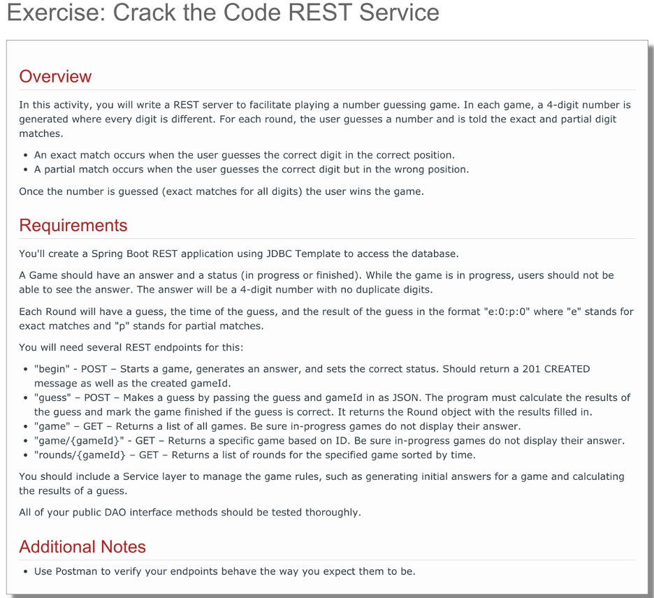 I need help with this Spring Boot REST application Exercise: Crack the