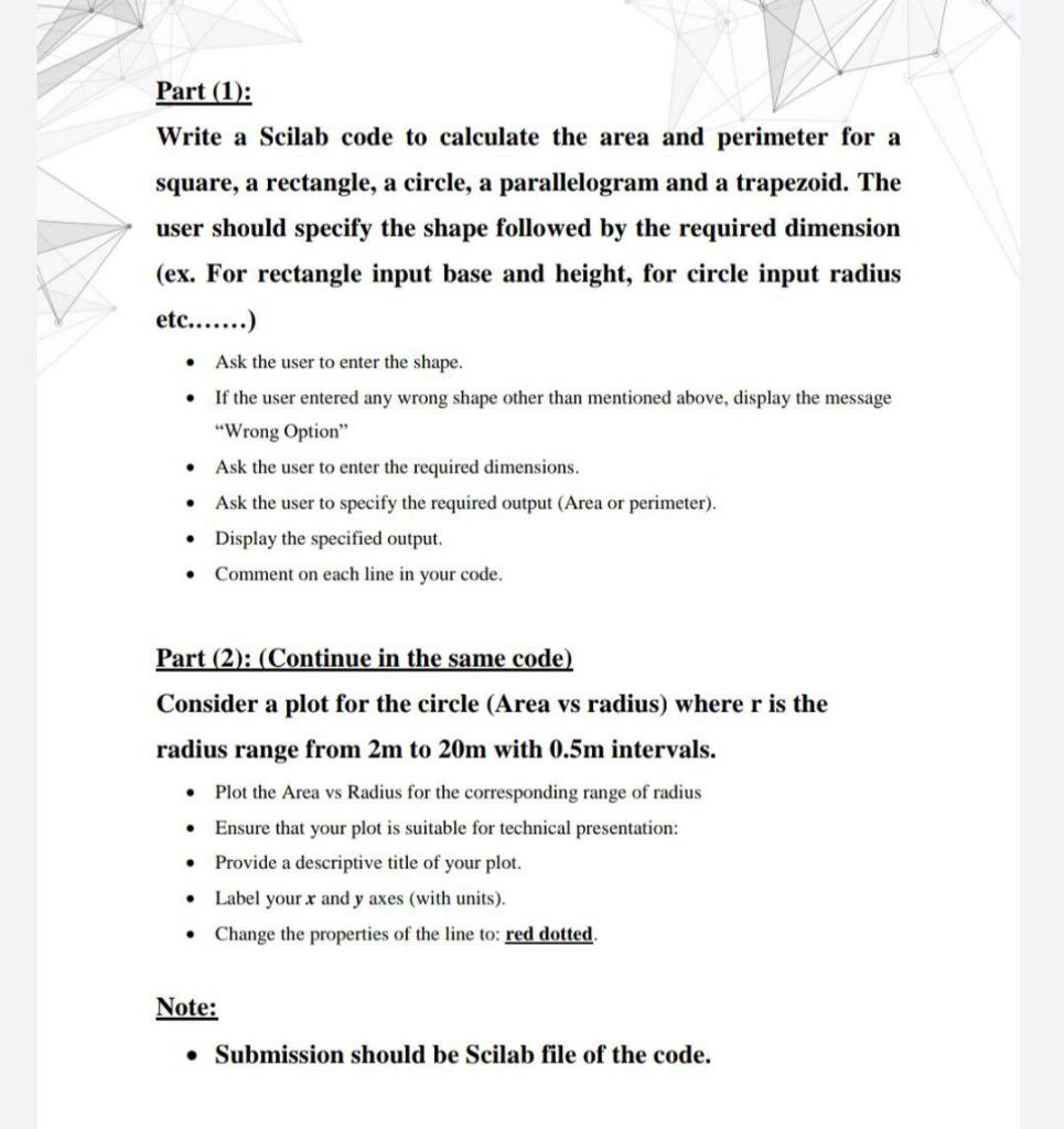 Part (1): Write a Scilab code to calculate the area and