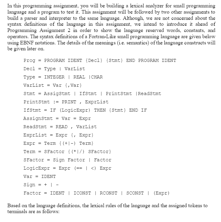  In this programming assignment, you will be building a lexical analyzer